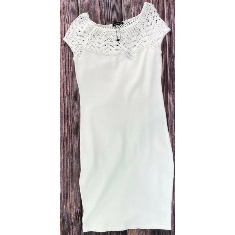 Patty Boutik Sz L Ivory Sheath Sweater Dress Cap Sleeve Open Knit Upper NEW